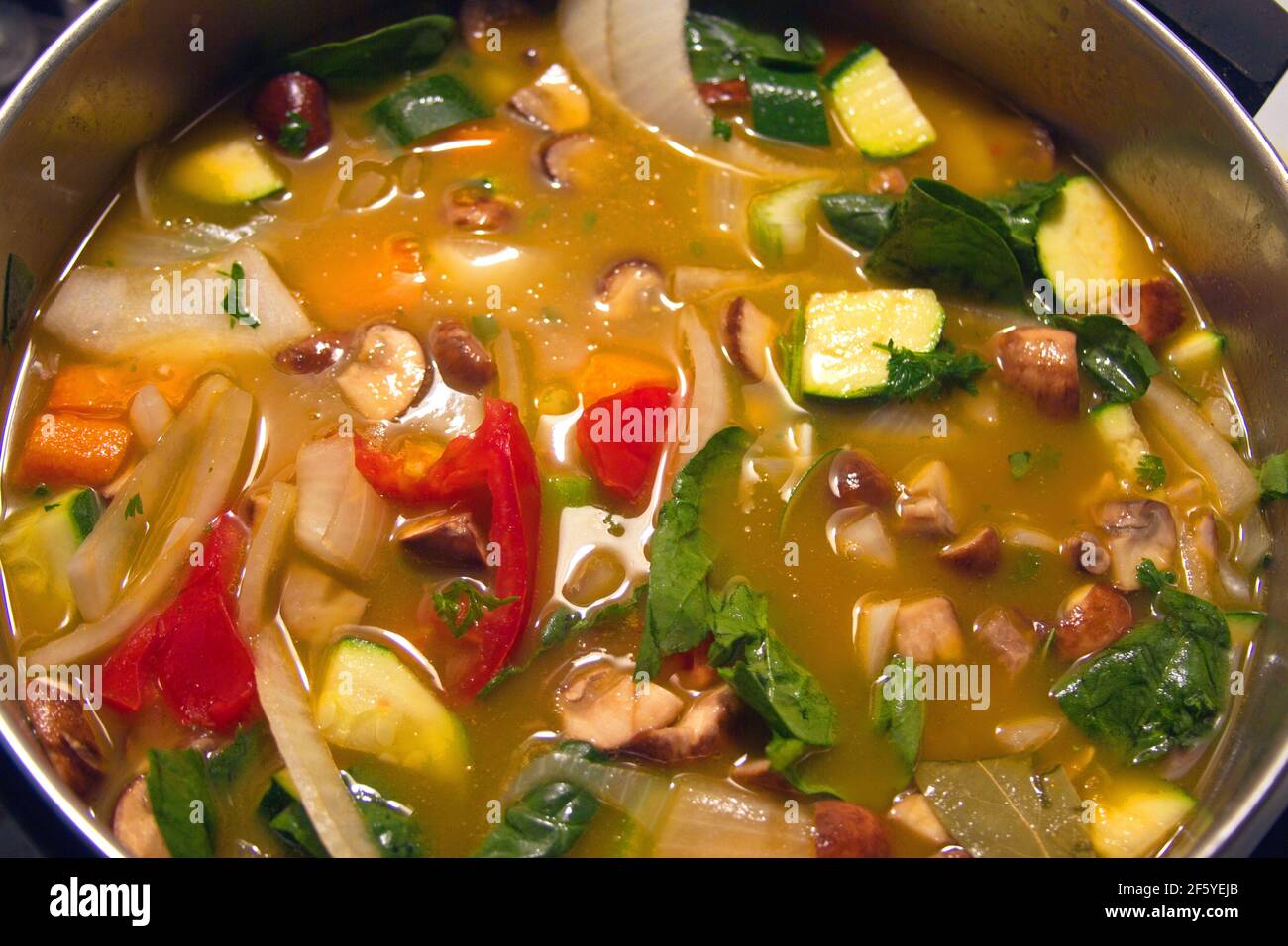 Primo piano della deliziosa zuppa di verdure della mamma con brodo, funghi, carote, spinaci, zucchine, sedano, cipolle e patate: fa bene a te. Foto Stock