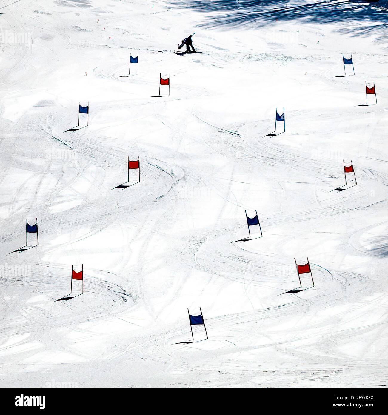 Mohawk Mountain, Connecticut, USA - 21 marzo 2021 - UN allenatore di sci rimuove i cancelli dopo l'ultima gara di sci della stagione per Mohawk Mountain Chil Foto Stock