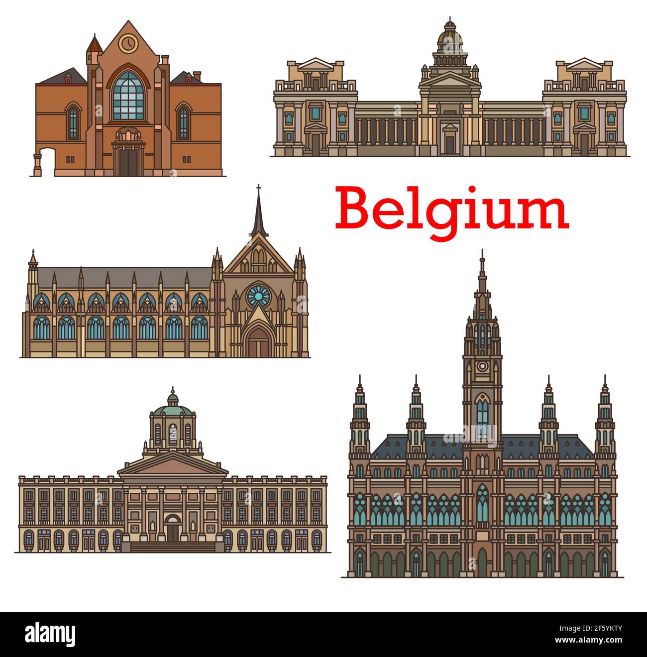 Monumenti belgi, edifici di architettura di Bruxelles con chiese e cattedrali. Municipio di Bruxelles, Palazzo di Giustizia di Justitiepaleis, San Giacomo ch Illustrazione Vettoriale