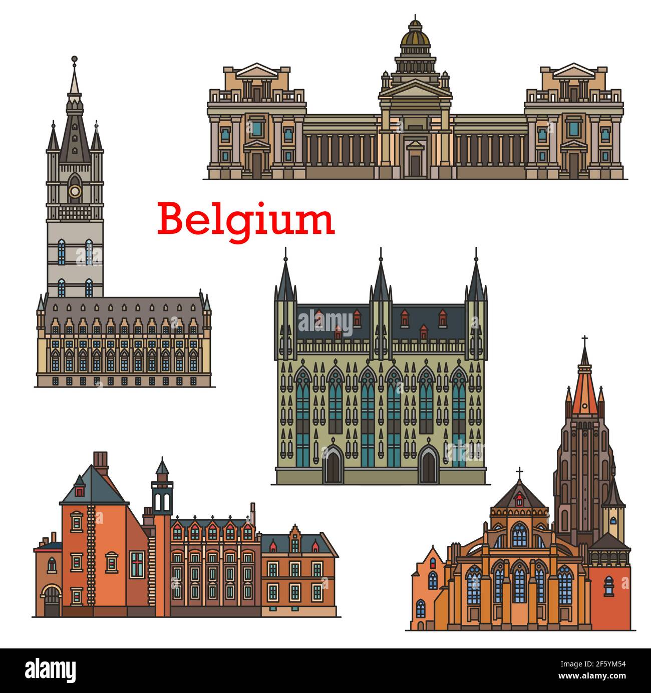 Belgio viaggio monumenti storici, architettura di Bruxelles e Bruges, vettore. Cattedrali belghe, chiese e edifici di Bruxelles, Municipio di Brugge mairie, Illustrazione Vettoriale