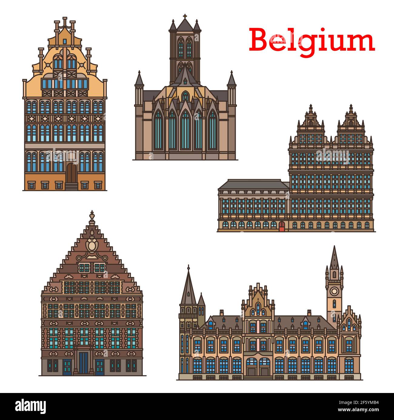 Monumenti belgi, architettura di viaggio ed edifici di Gand, vettore. Famose cattedrali e chiese belghe, il municipio di Gent mairie e Gildehuis de Illustrazione Vettoriale