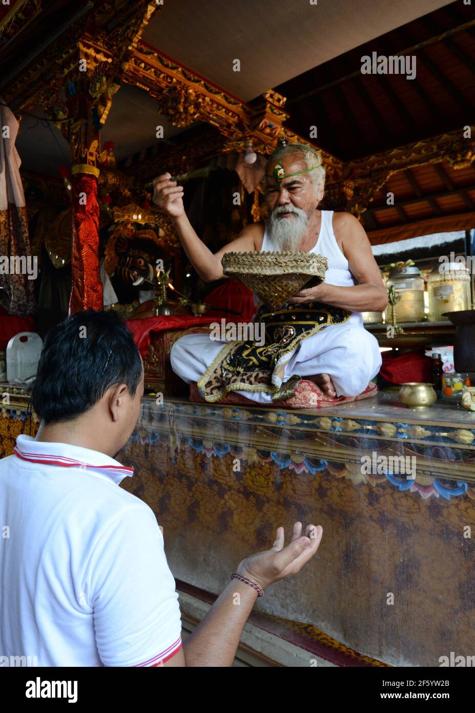 Un prete indù balinese benedice uno sposo in una cerimonia pre-matrimonio in un piccolo tempio a Ubud, Bali, Indonesia. Foto Stock