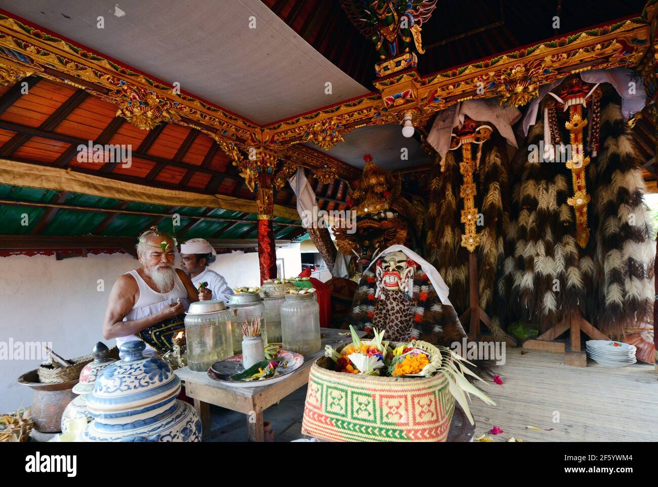 Un prete indù balinese benedice uno sposo in una cerimonia pre-matrimonio in un piccolo tempio a Ubud, Bali, Indonesia. Foto Stock