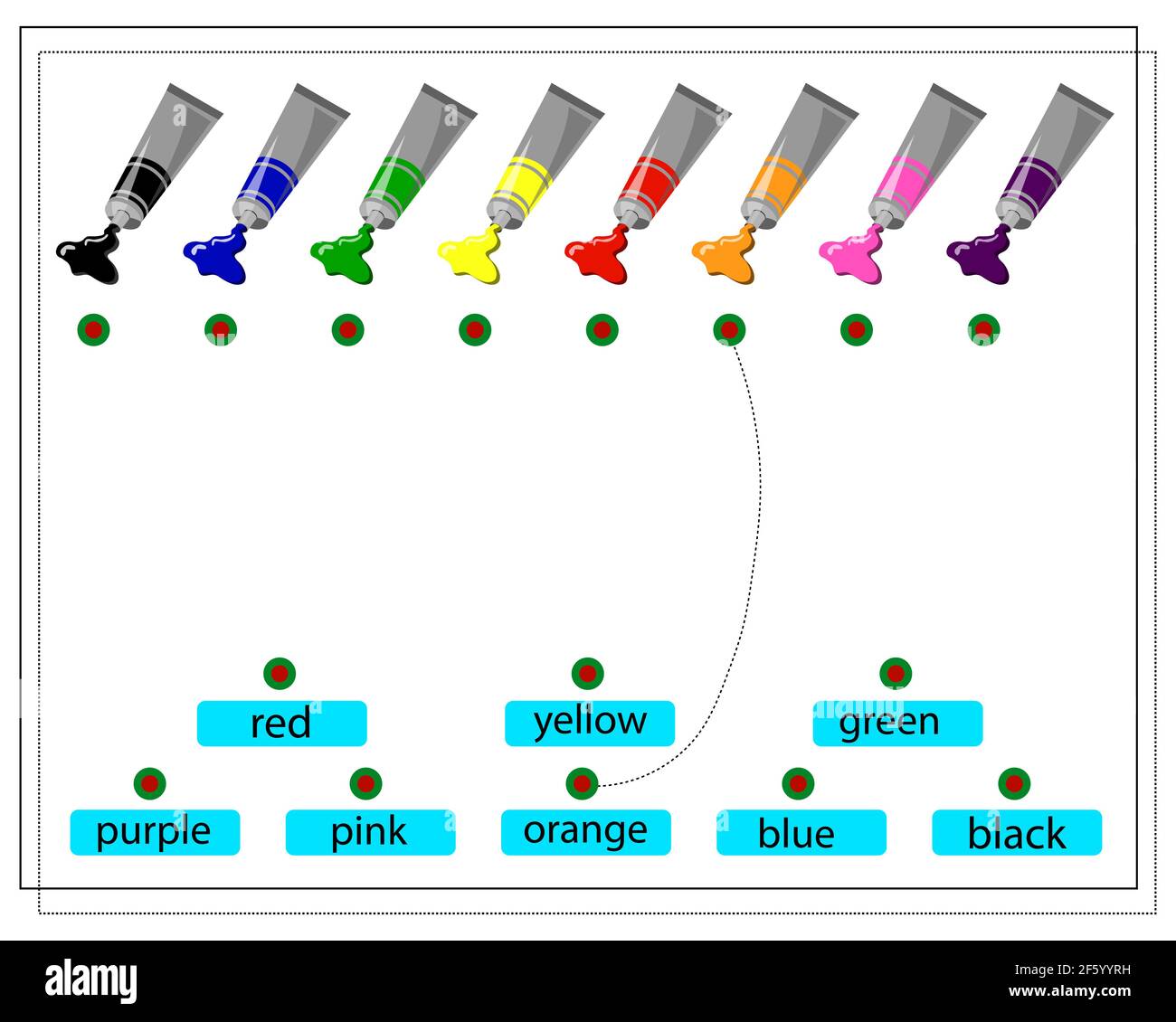 Un gioco per bambini, imparare i colori. Tubi di vernice scegliere il  colore giusto. Nero, blu, giallo, verde, rosso, Arancione, Rosa, Viola.  Vettore isolato su un WI Immagine e Vettoriale - Alamy