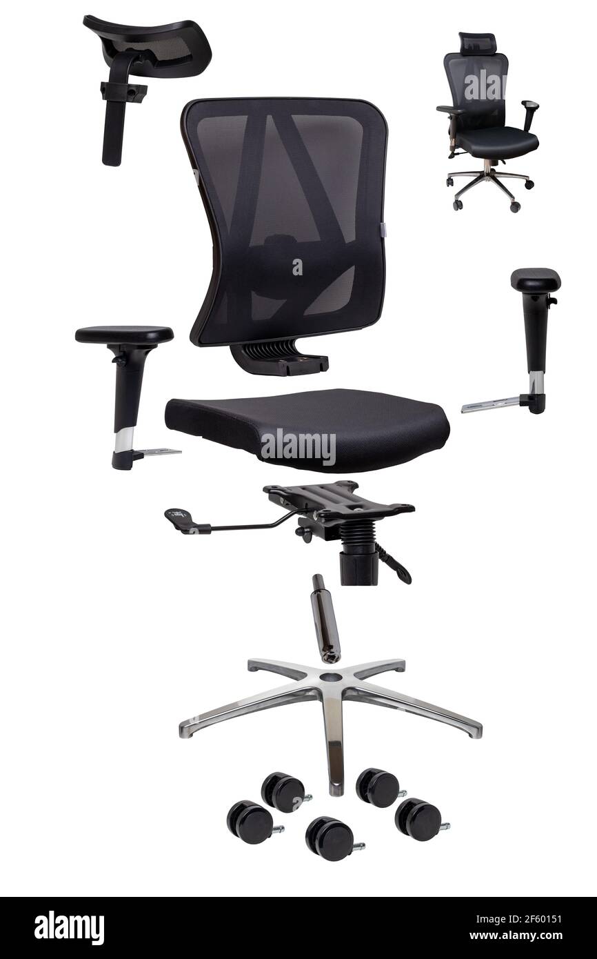 Componenti di una sedia da ufficio. Primo piano di un set completo di parti  di ricambio per il montaggio di un computer o di una sedia da ufficio  isolata su sfondo bianco