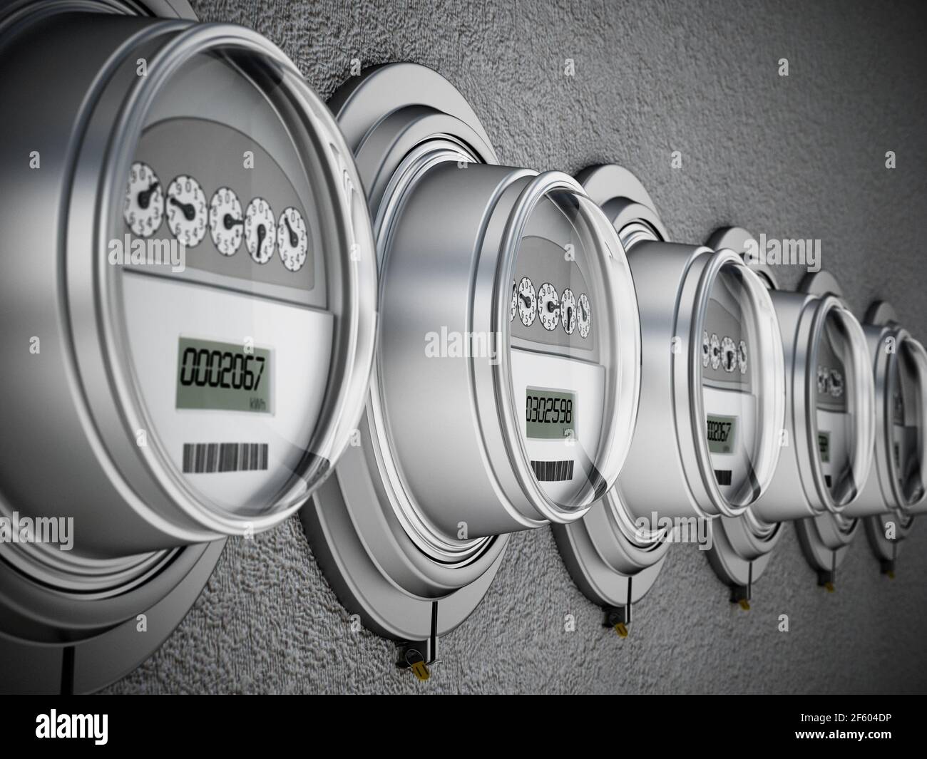 Contatori elettrici intelligenti a risparmio energetico in fila. Illustrazione 3D Foto Stock