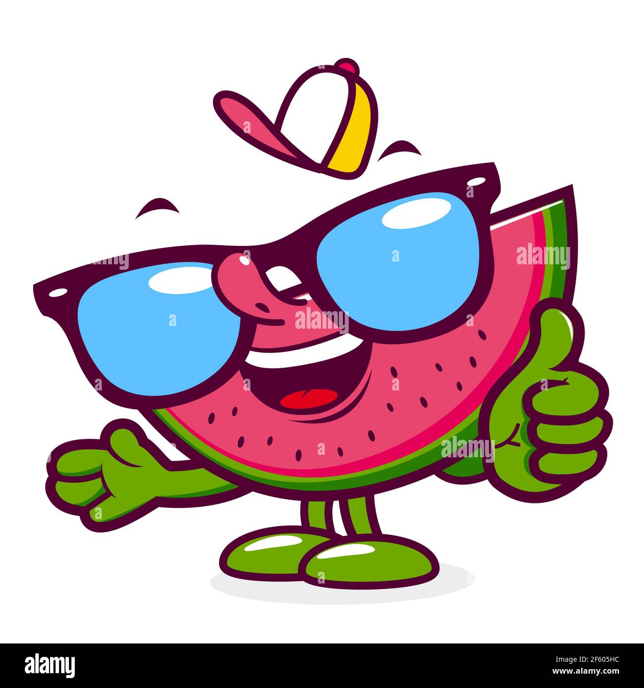 Fetta di cartone animato di anguria con occhiali da sole e cappello. Foto Stock