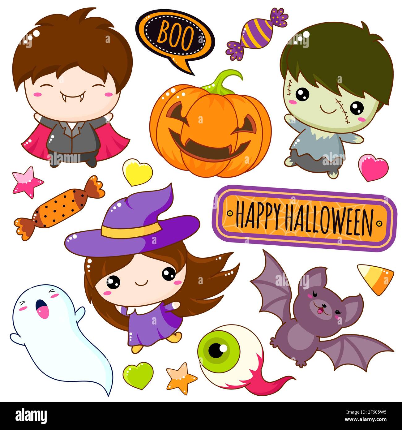 Collezione di cartoni animati in costumi di Halloween in stile kawaii.  Bambini in costumi di carnevale di strega, vampiro, zombie. Adesivi  Halloween con pum Immagine e Vettoriale - Alamy