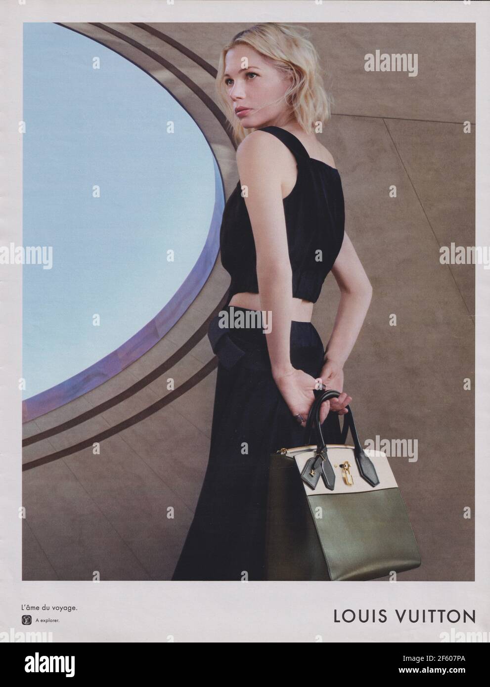 Poster pubblicitari Louis Vuitton borsetta con Michelle Williams attrice in magazzino carta dal 2015, pubblicità, annuncio creativi da 2010s Foto Stock