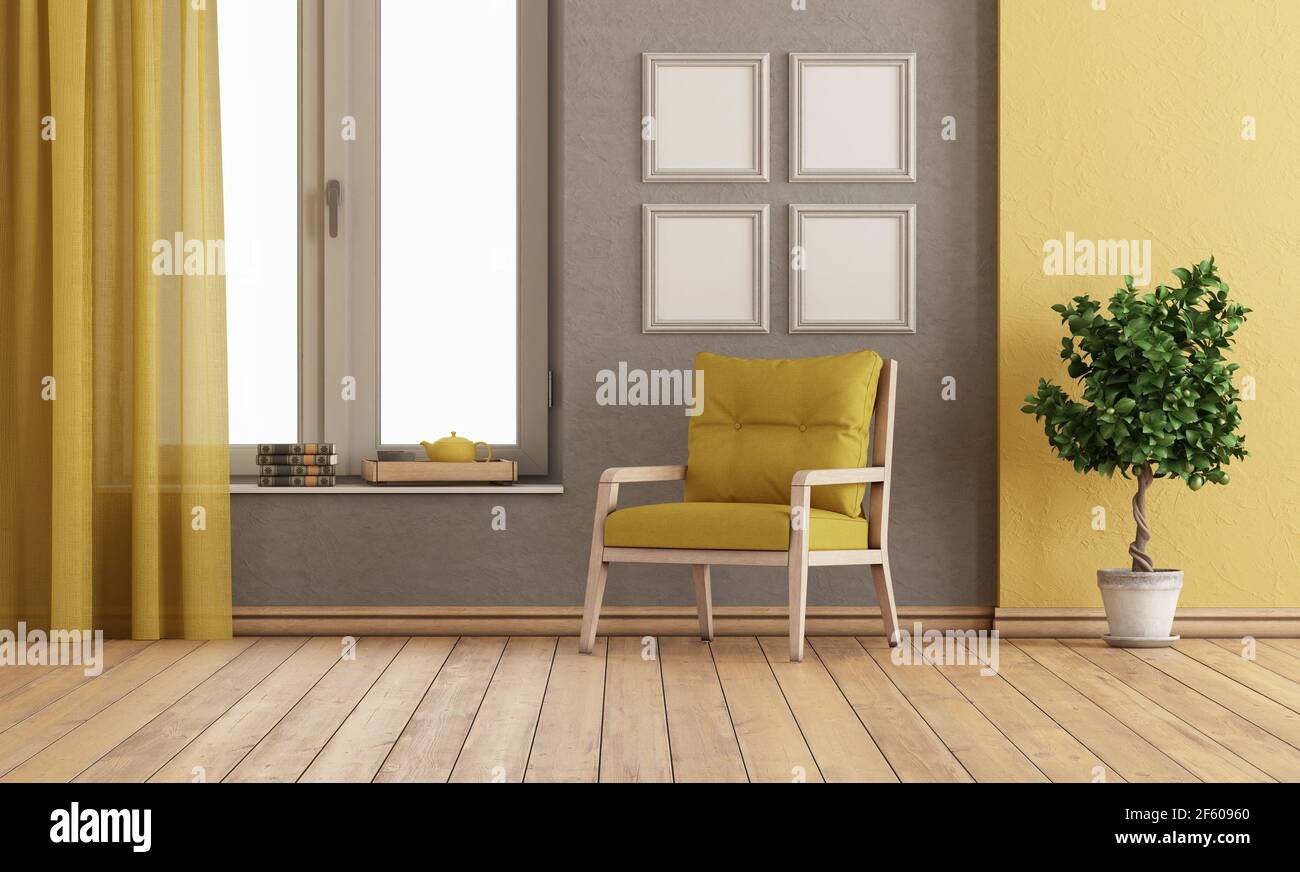 Camera grigia e gialla con poltrona e grande finestra - rendering 3d Foto Stock
