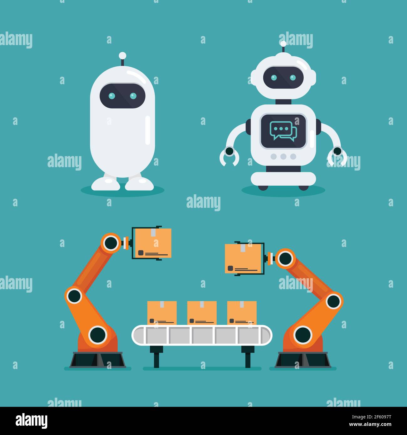 Robot chatbot e robot di automazione pesante. Illustrazione vettoriale. Illustrazione Vettoriale