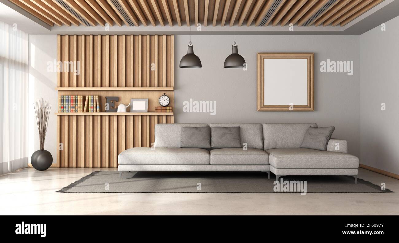 Elegante soggiorno in stile scandinavo con grande divano grigio e. pannello in legno con ripiano su sfondo - rendering 3d Foto Stock