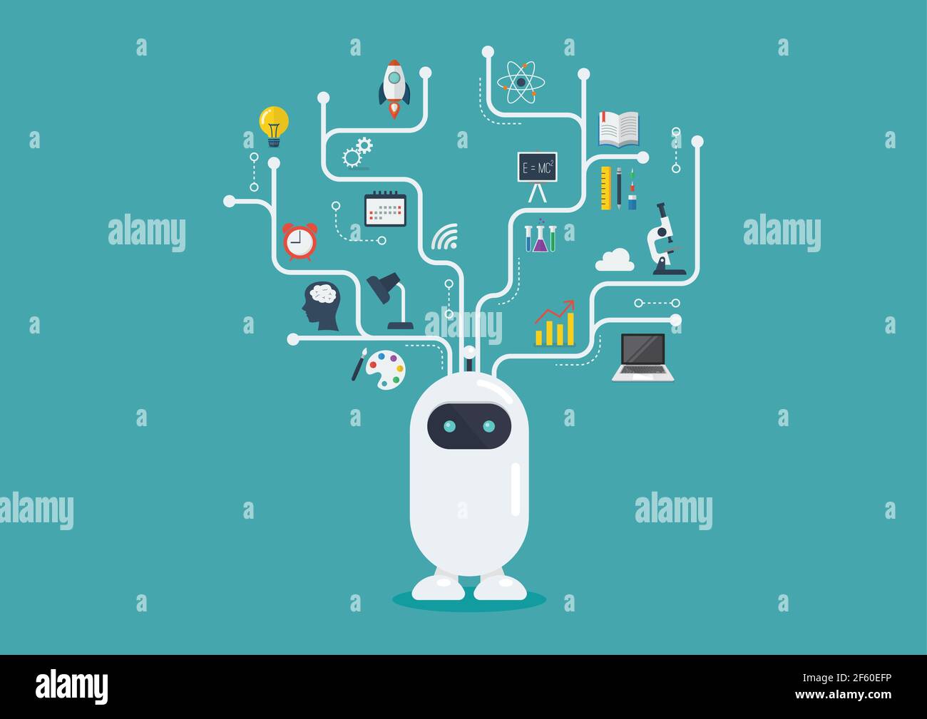 Infografica virtuale del robot chatbot. Robot macchina futuro. Design piatto Illustrazione Vettoriale
