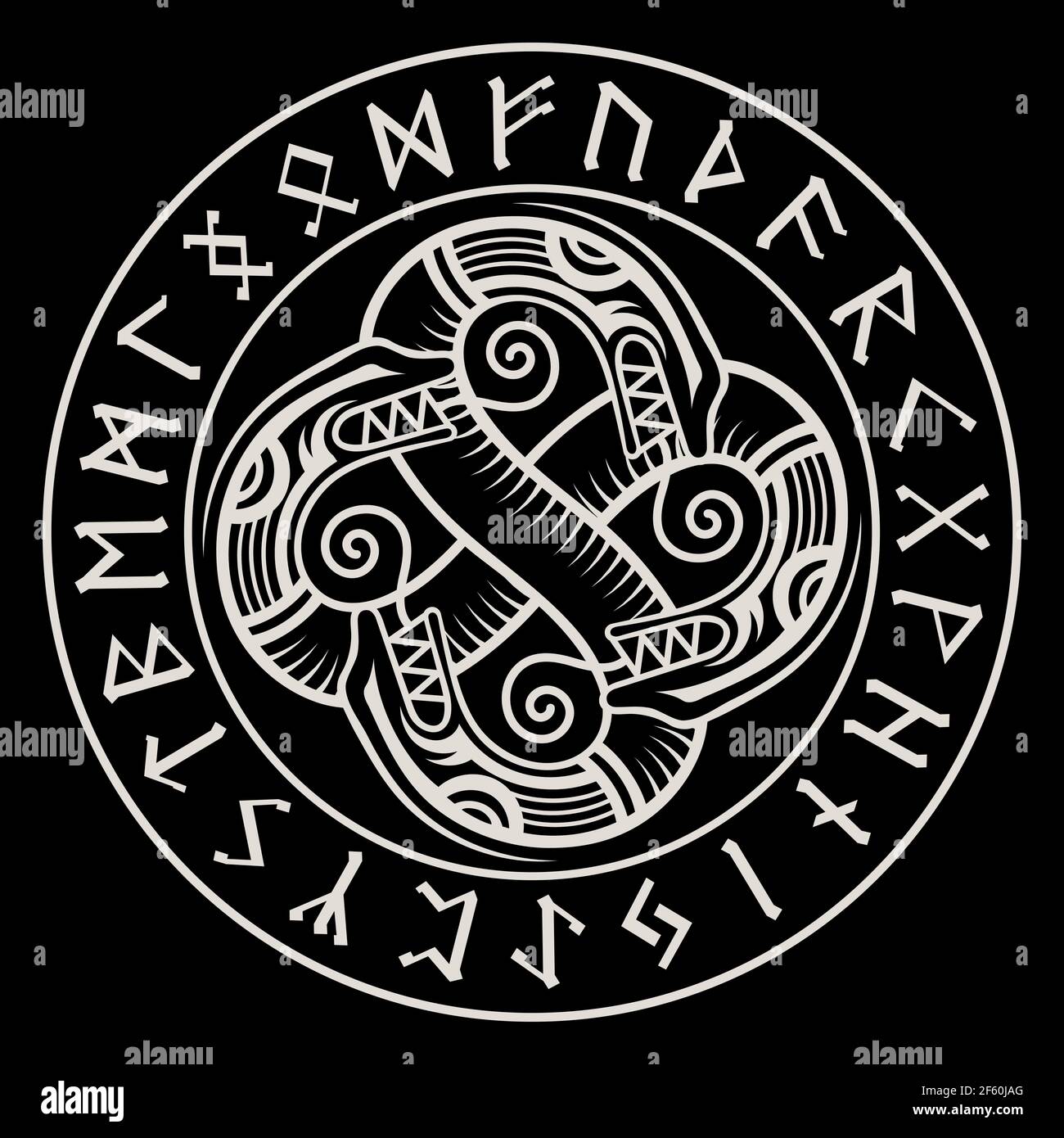 Design vichingo scandinavo. Antico drago decorativo in stile celtico, illustrazione di un nodo scandinavo e rune settentrionali Illustrazione Vettoriale