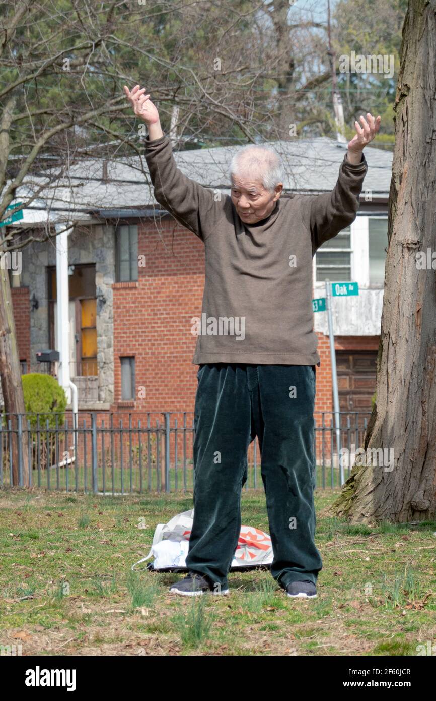 Un uomo americano asiatico probabilmente nei suoi anni ottanta, conduce un piccolo gruppo in esercizi di movimento di Chi di Tai in un parco in Queens, City.Vertical di New York, Foto Stock