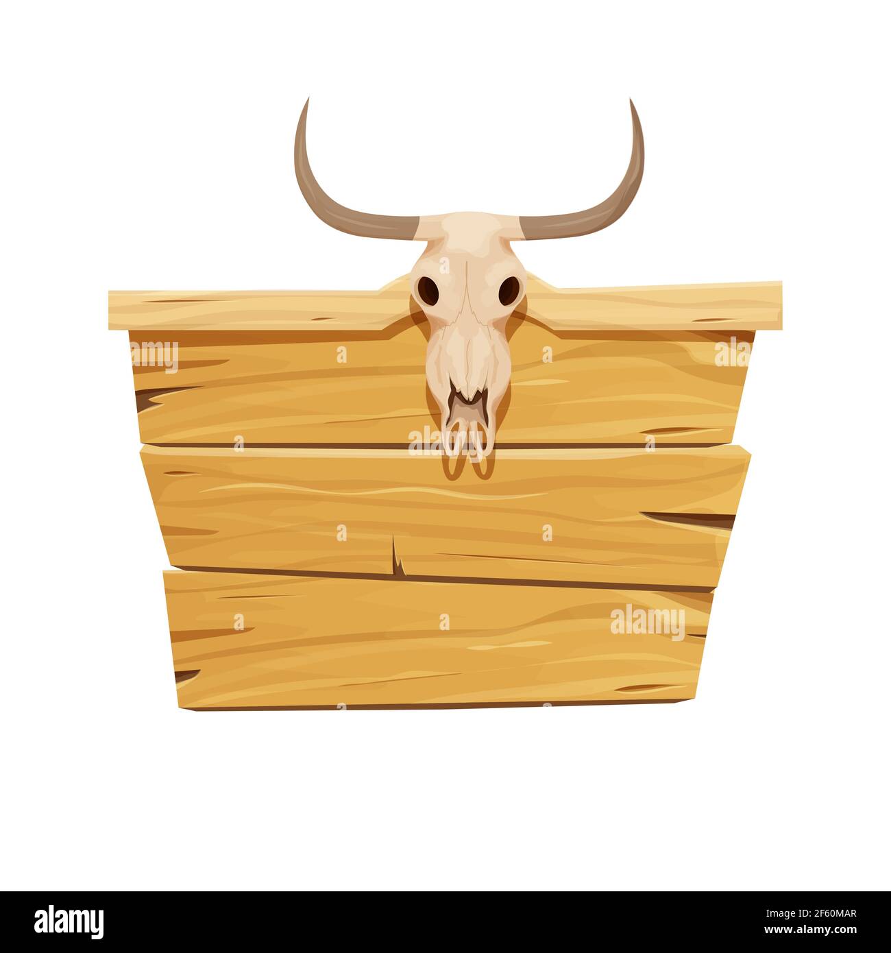 Western vuoto segno bianco, tavole o plankswith di legno teschio toro in stile cartone animato isolato su sfondo bianco. Banner per messaggi o puntatori per pa Illustrazione Vettoriale