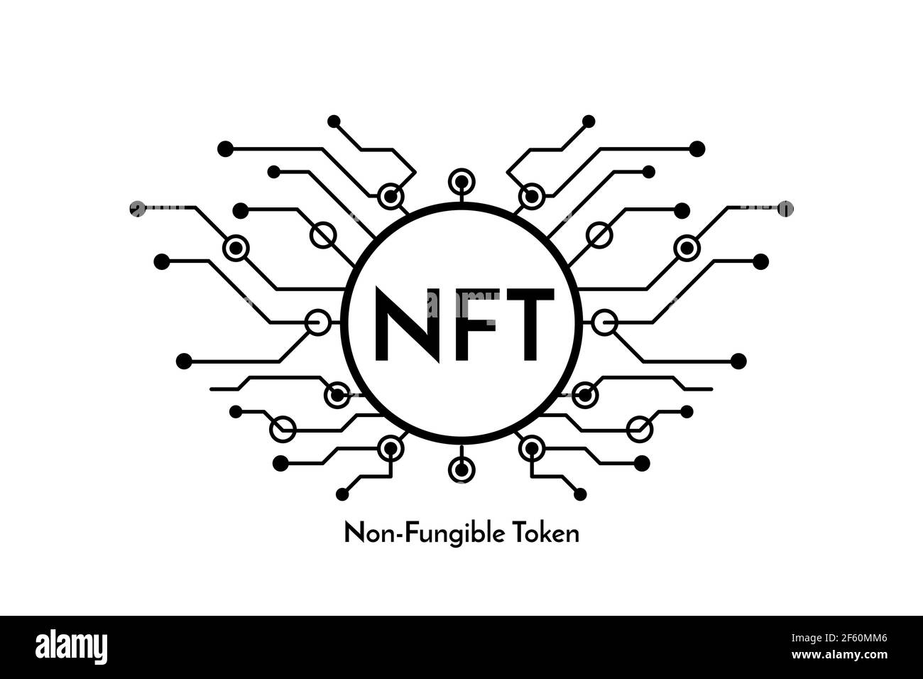 Cartello nero su microchip con testo NFT token non fungibile, banner criptovaluta Illustrazione Vettoriale