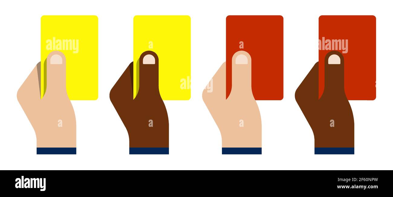 la mano dell'arbitro della partita sportiva mostra il cartellino rosso e giallo per le regole di rottura del giocatore. Gioco di squadra di calcio, calcio. Rispetto delle regole di gioco. Vettore Illustrazione Vettoriale