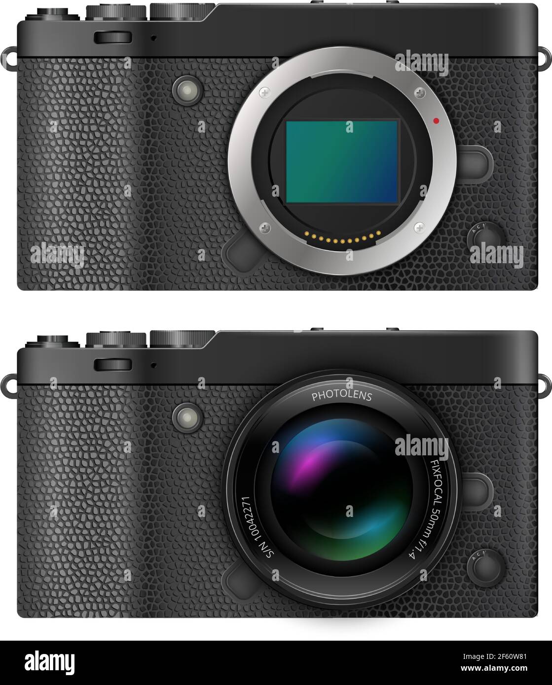 Fotocamere digitali Mirrorless a matrice aperta e con obiettivo, design MILC retro in metallo nero. Illustrazione vettoriale Illustrazione Vettoriale
