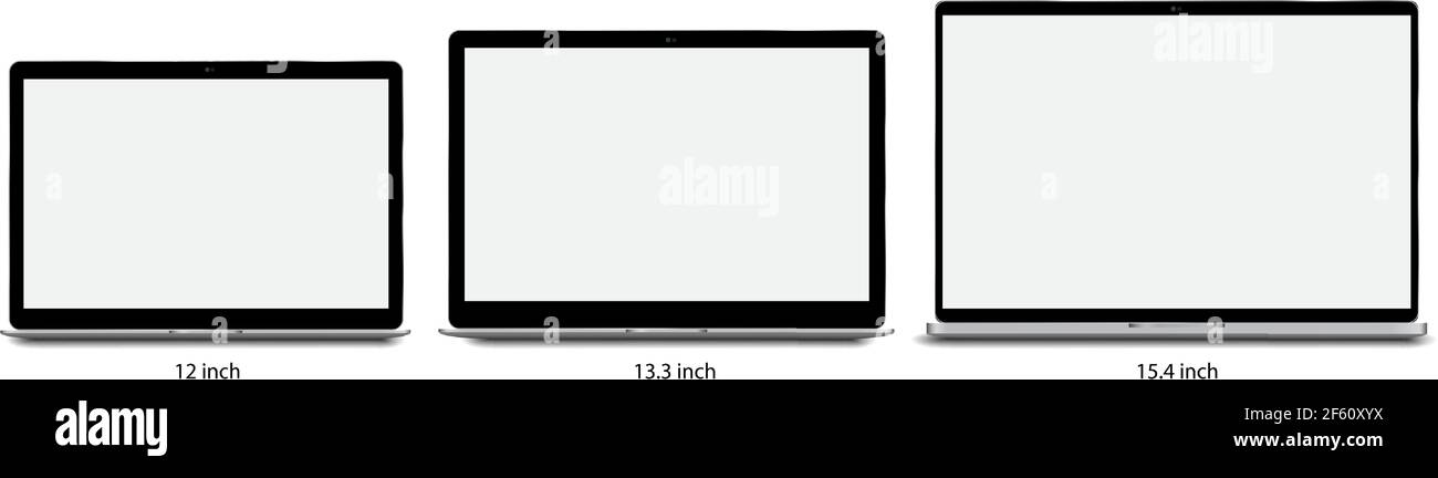 Set di laptop corpo argento immagine realistica con dimensioni vettoriali reali 12, 13.3 e 15.4 pollici 16:10 schermo facile incollare il tuo screenshot al computer Illustrazione Vettoriale