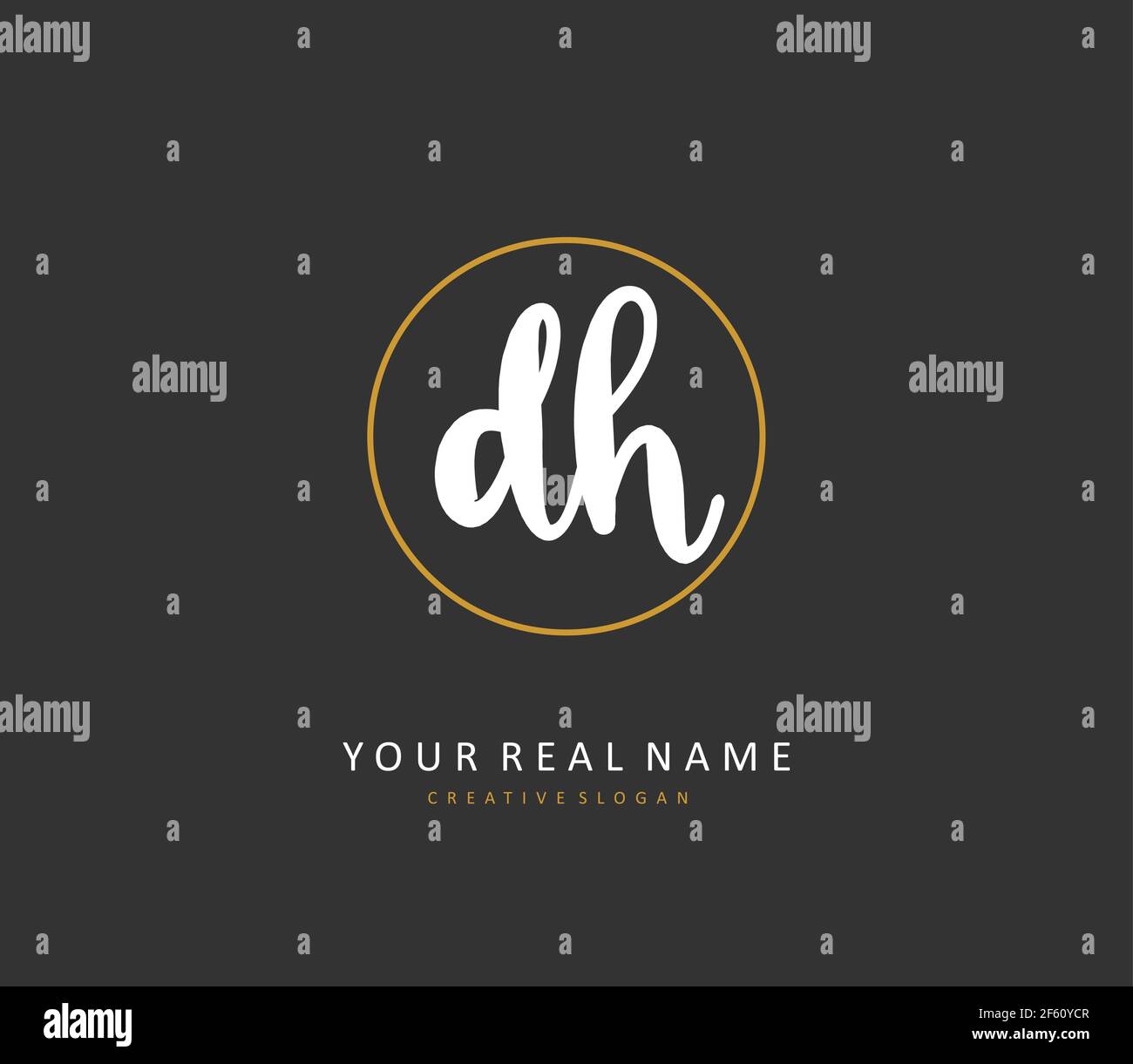 D H DH scrittura iniziale della lettera e logo della firma. Un logo iniziale di calligrafia concettuale con elemento modello. Illustrazione Vettoriale