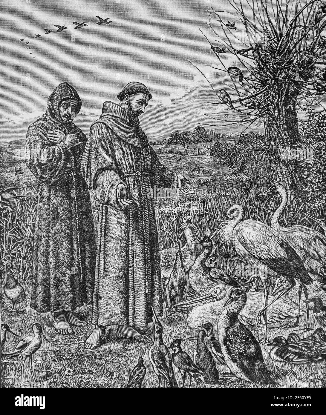françois d'assise predant les oiseaux ,histoire de l'allise,editeur desclee de brouwer 1888 Foto Stock
