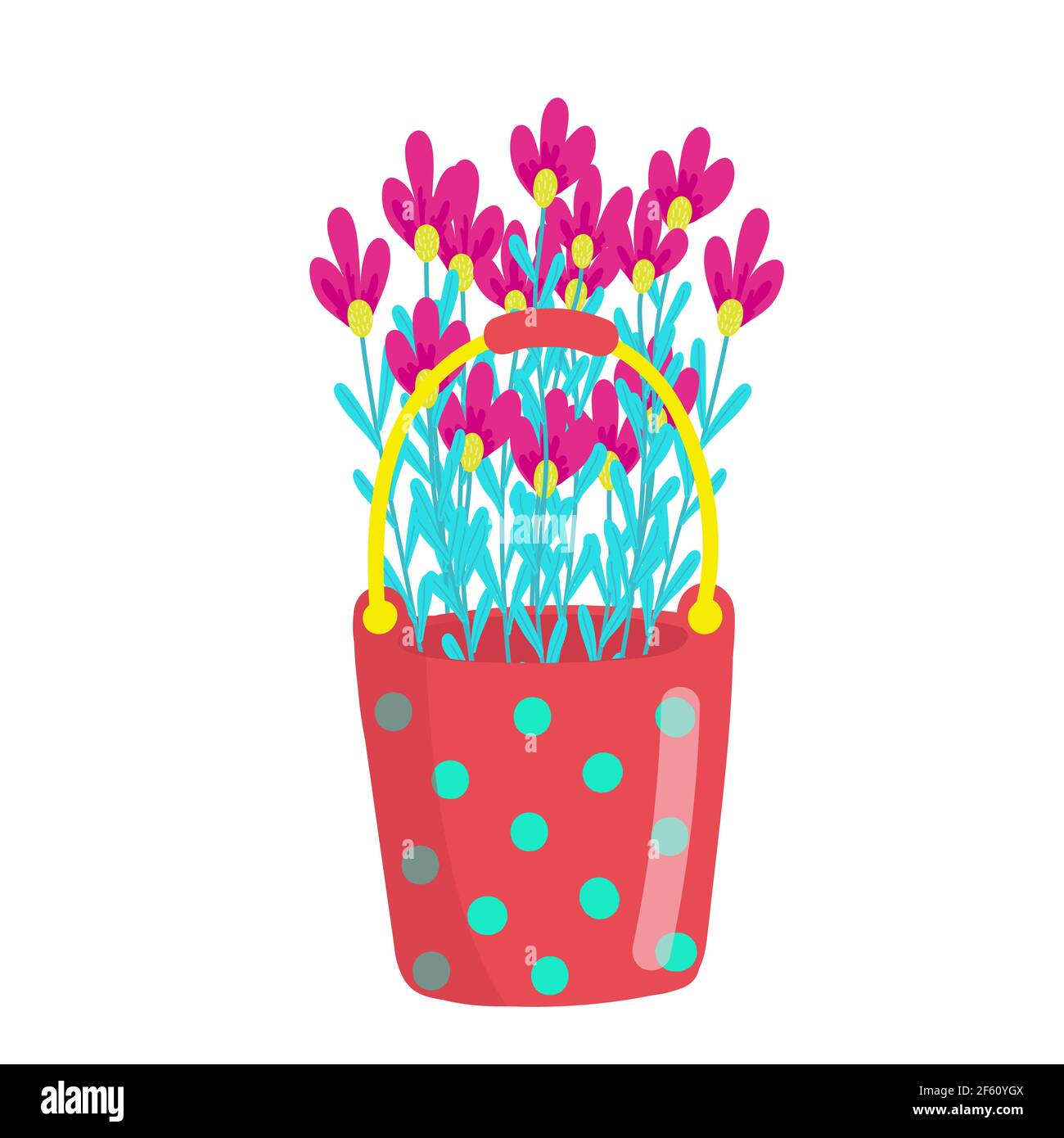 Secchio rosso chiaro di pallini di polka pieno di margherite, bouquet di margherite, fiori di primavera, illustrazione vettoriale in stile cartoon, piatto Illustrazione Vettoriale