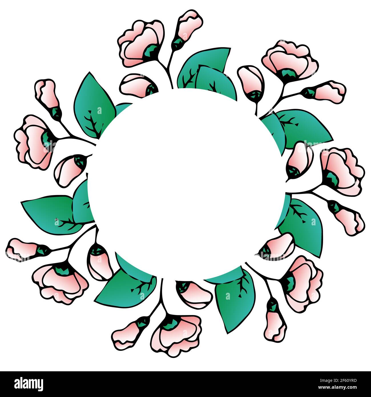 Cornice rotonda di fiori, rosa cinese, hibiscus rosa, decorazione floreale per tovaglie e foto, fiori in stile doodle, disegno a mano, vettore. Illustrazione Vettoriale