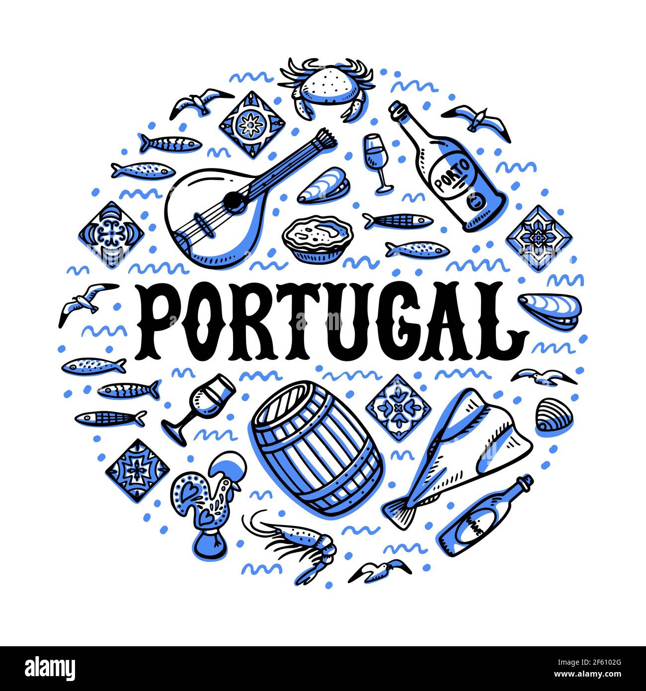 Portogallo luoghi di interesse set. Forma rotonda con simboli portoghesi. Illustrazione vettoriale dello stile di schizzo disegnato a mano. Illustrazione Vettoriale