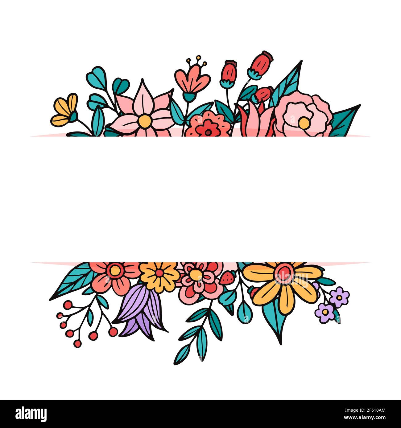 Cornice floreale con graziosi fiori e foglie di doodle disegnati a mano. Illustrazione vettoriale Illustrazione Vettoriale