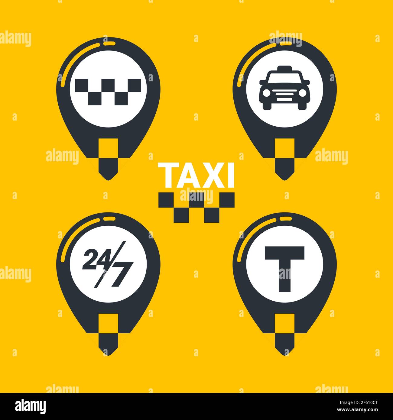 Icone servizio taxi. Tassisti con pedine a scacchi, taxi auto, T-segno e ventiquattro-sette segno su sfondo giallo. lat stile Vector illustrazione Illustrazione Vettoriale