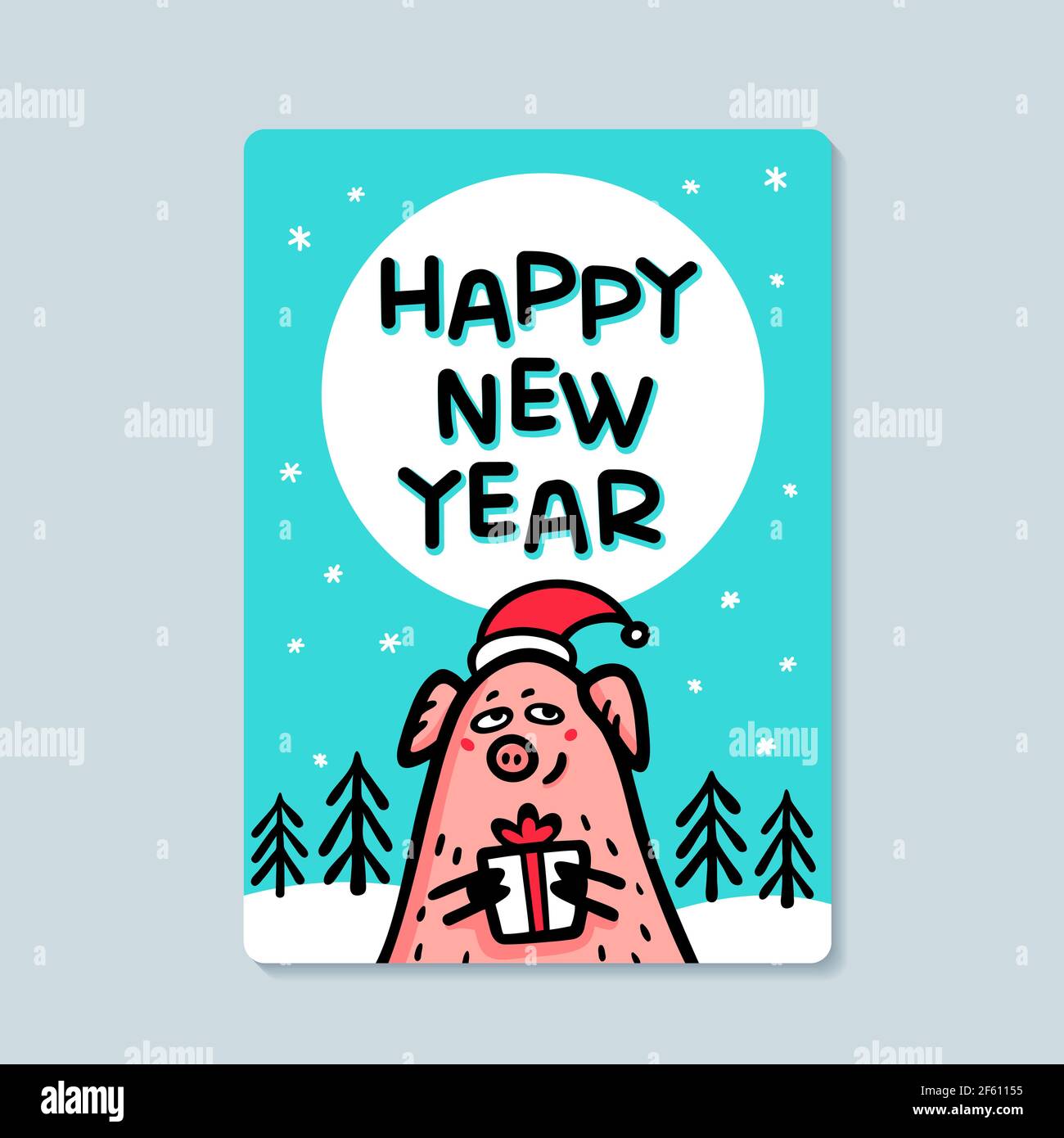 Felice anno nuovo Pig biglietto d'auguri. Maiale divertente con regali e cappelli santa. 2019 simbolo del Capodanno cinese. Caratteri di stile Doodle per biglietti d'auguri, stampa, Illustrazione Vettoriale