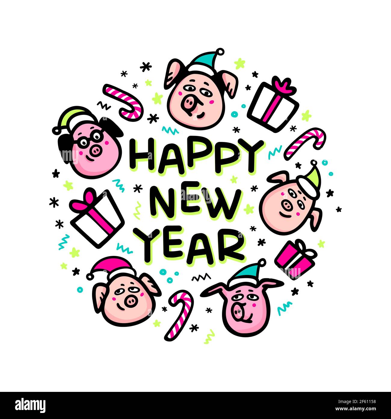 Felice anno nuovo Pig card. Maiali divertenti con regali e cappelli santa. 2019 simbolo del Capodanno cinese. Caratteri di stile Doodle per biglietti d'auguri, stampa, icona, Illustrazione Vettoriale