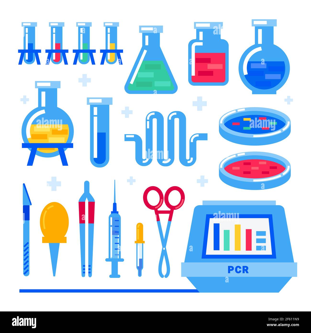 Nanotecnologia e biochimica. Macchina PCR per reazione a catena della polimerasi e apparecchiatura da laboratorio. Matraccio, fiala, provetta, ritorte in vetro. Genoma umano s Illustrazione Vettoriale