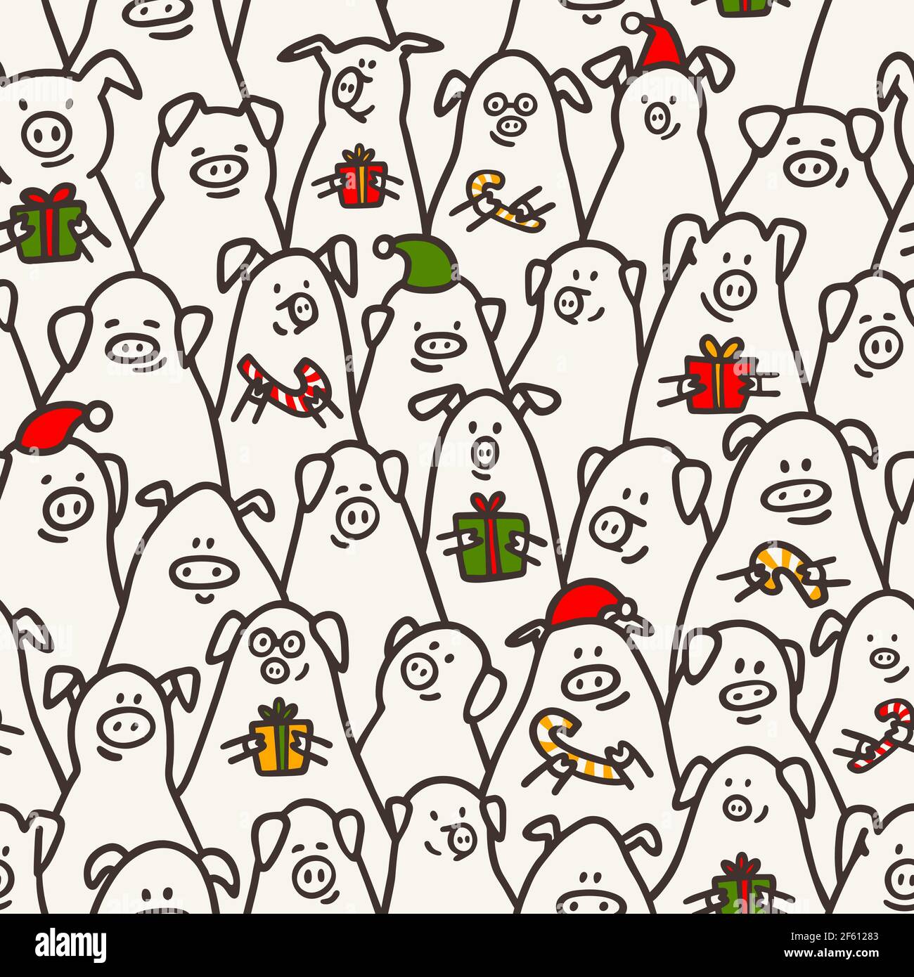 Modello senza giunture di maiale. Porci divertenti con canne caramelle, regali e cappelli di Santa. 2019 simboli di Capodanno cinese. Caratteri stile Doodle per sfondi, stampa Illustrazione Vettoriale