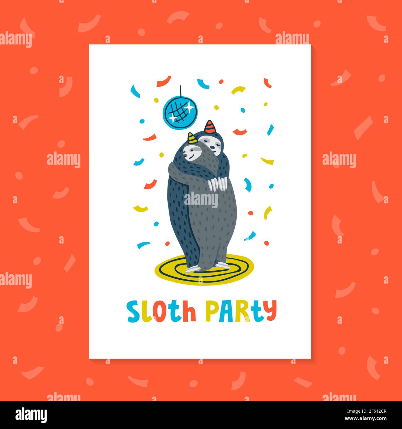 Biglietto di auguri o invito per una festa pigra. Festa animale. Un paio di sloths che ballano su una pista da ballo. Illustrazione vettoriale Illustrazione Vettoriale
