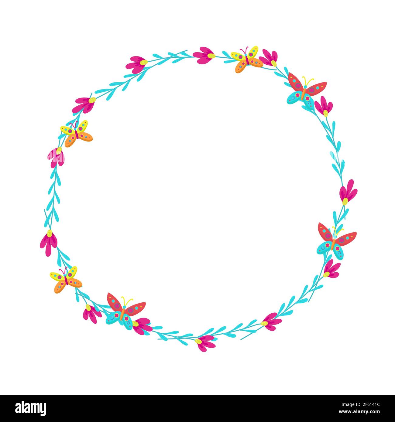 Cornice rotonda di margherite decorate con farfalle. Illustrazione Vettoriale