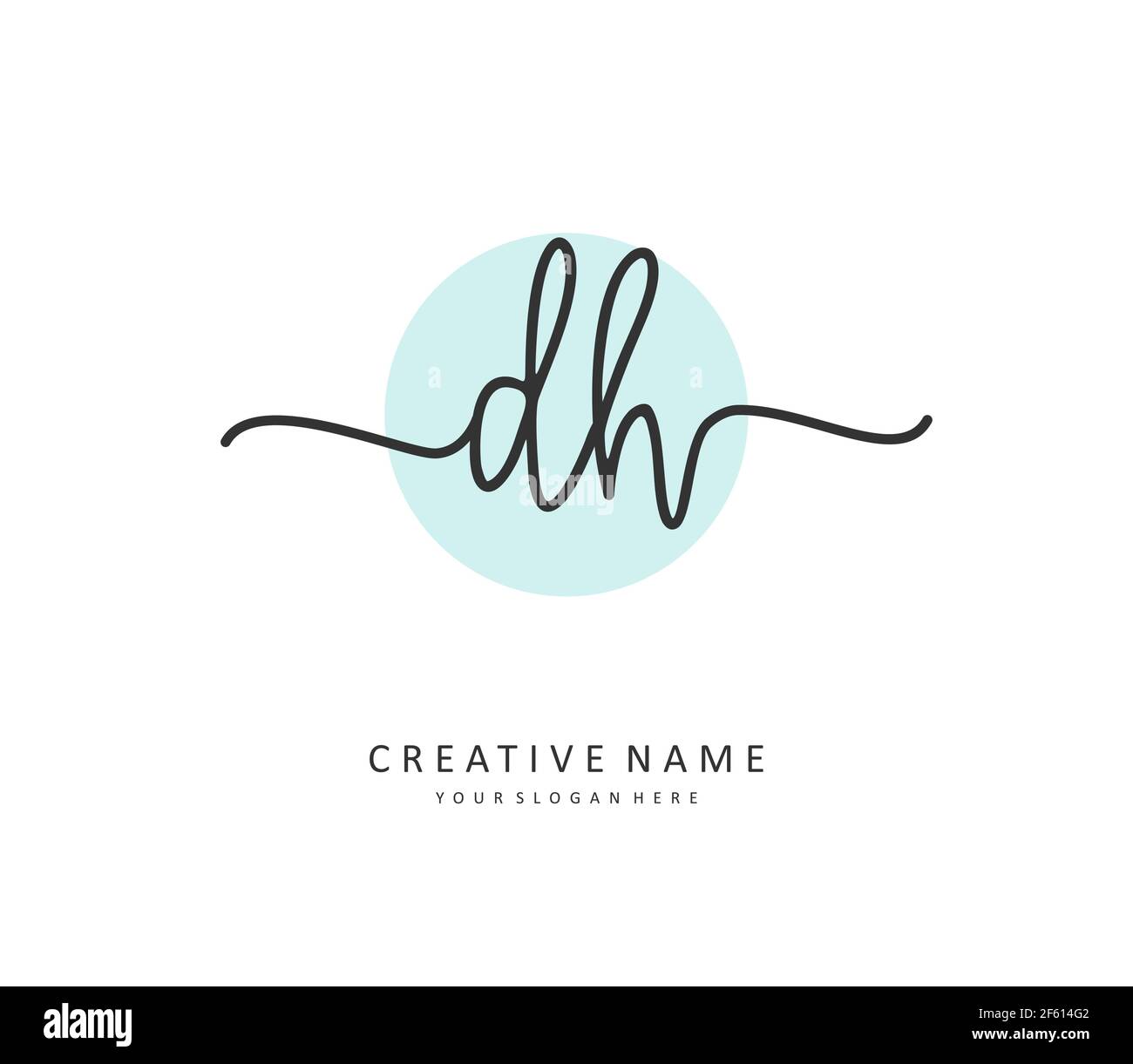 D H DH scrittura iniziale della lettera e logo della firma. Un logo iniziale di calligrafia concettuale con elemento modello. Illustrazione Vettoriale