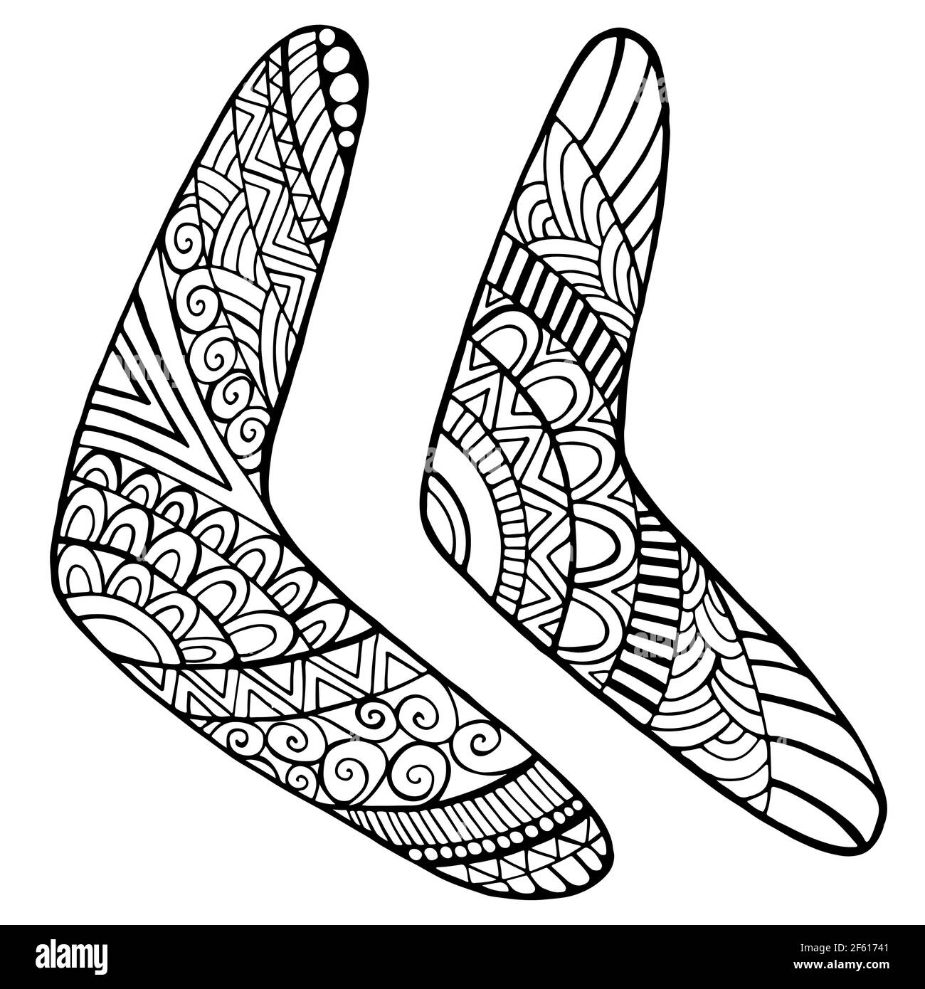 Set di boomerang nativo colorazione pagina per bambini e adulti, isolato su bianco. Stile Doodle ogni boomerang con ornamenti originali. Boomerang primitivo Illustrazione Vettoriale