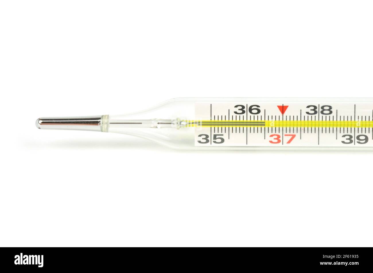 Termometro a mercurio, isolato su sfondo bianco. Termometro che mostra la  temperatura di un uomo sano. 36.5 gradi Celsius Foto stock - Alamy