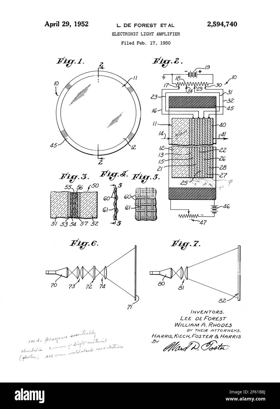Lee de Forest, brevetto per amplificatore di luce elettronico, 1952 Foto Stock