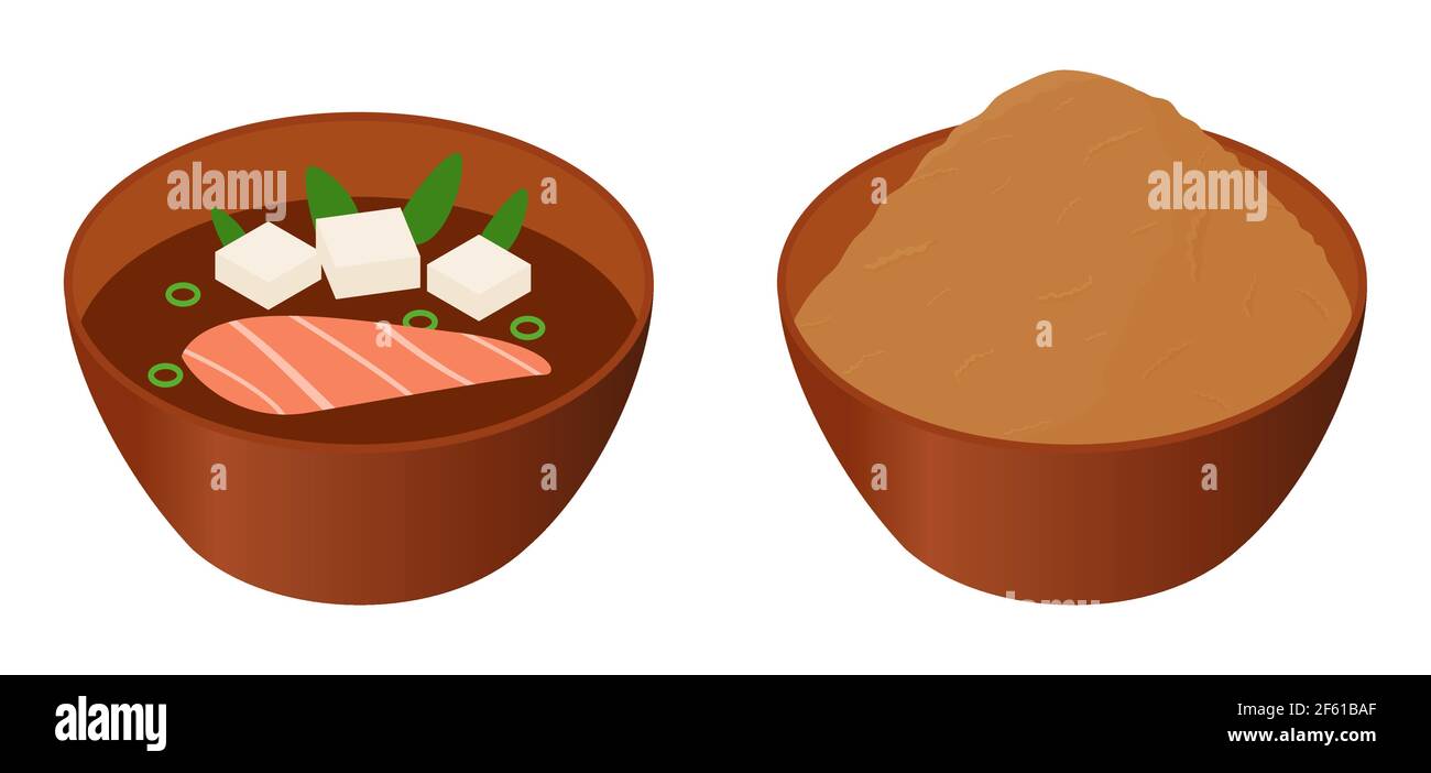 Zuppa di miso giapponese e pasta in ciotole marroni cartoon isometrico illustrazione vettoriale isolato su bianco. Illustrazione Vettoriale