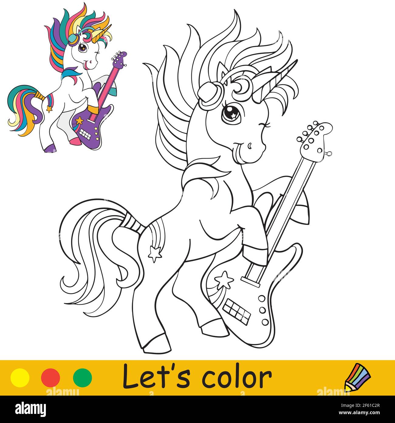 Unicorno cartone animato con una chitarra. Colorare la pagina del libro con  il modello colorato. Illustrazione isolata di cartoni animati vettoriali.  Per colorare libro, stampa, gioco, ed Immagine e Vettoriale - Alamy