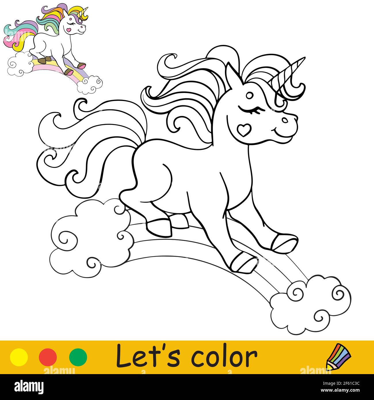 Carino unicorno rotola giù l'arcobaleno. Colorare la pagina del libro con il modello colorato. Illustrazione isolata di cartoni animati vettoriali. Per colorazione, istruzione, stampa, Illustrazione Vettoriale