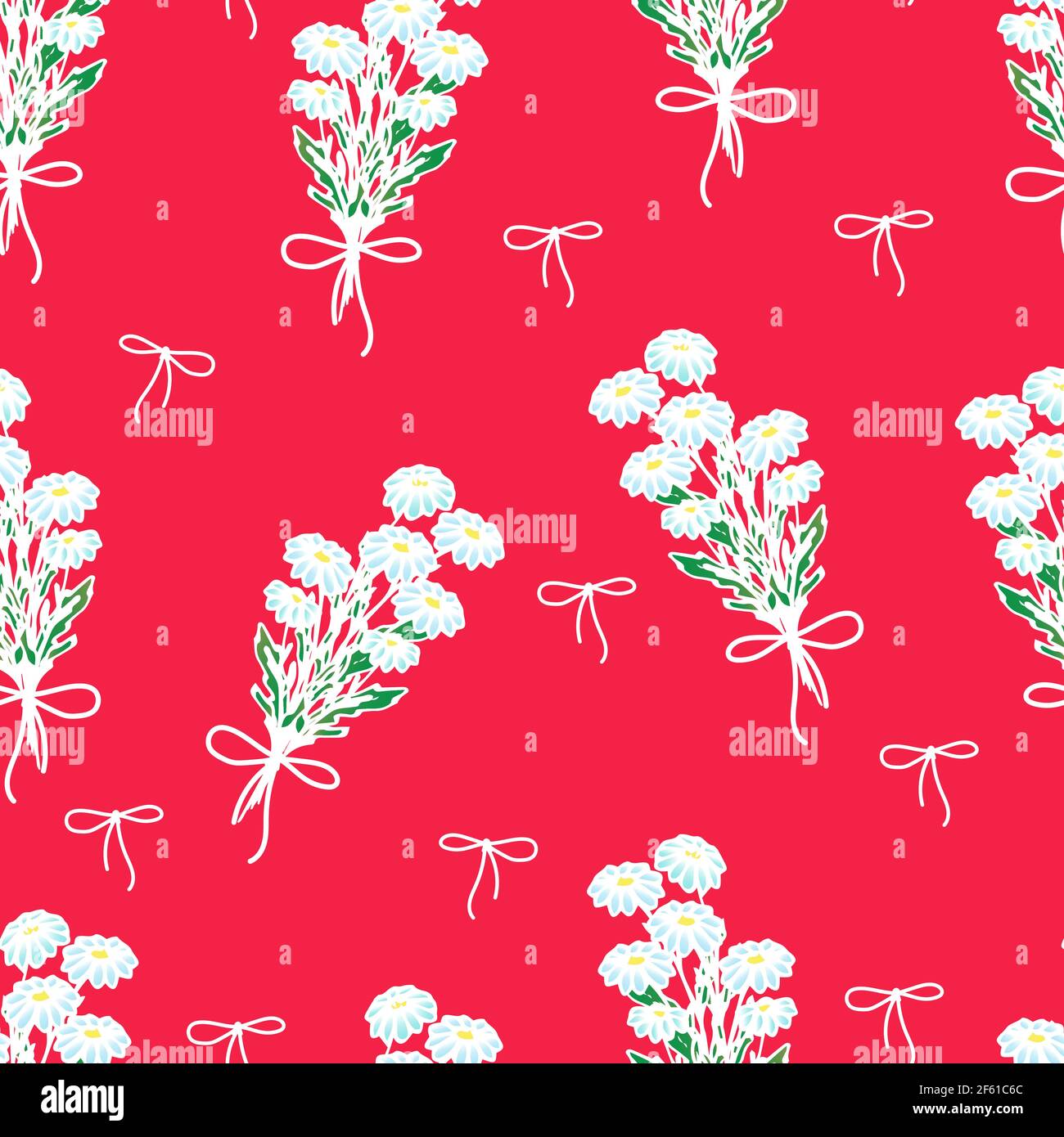 margherite su sfondo colorato, margherite selvatiche legate con un nastro rosso, fiori primaverili, stampa vettoriale estiva nello stile di un doodle. Illustrazione Vettoriale