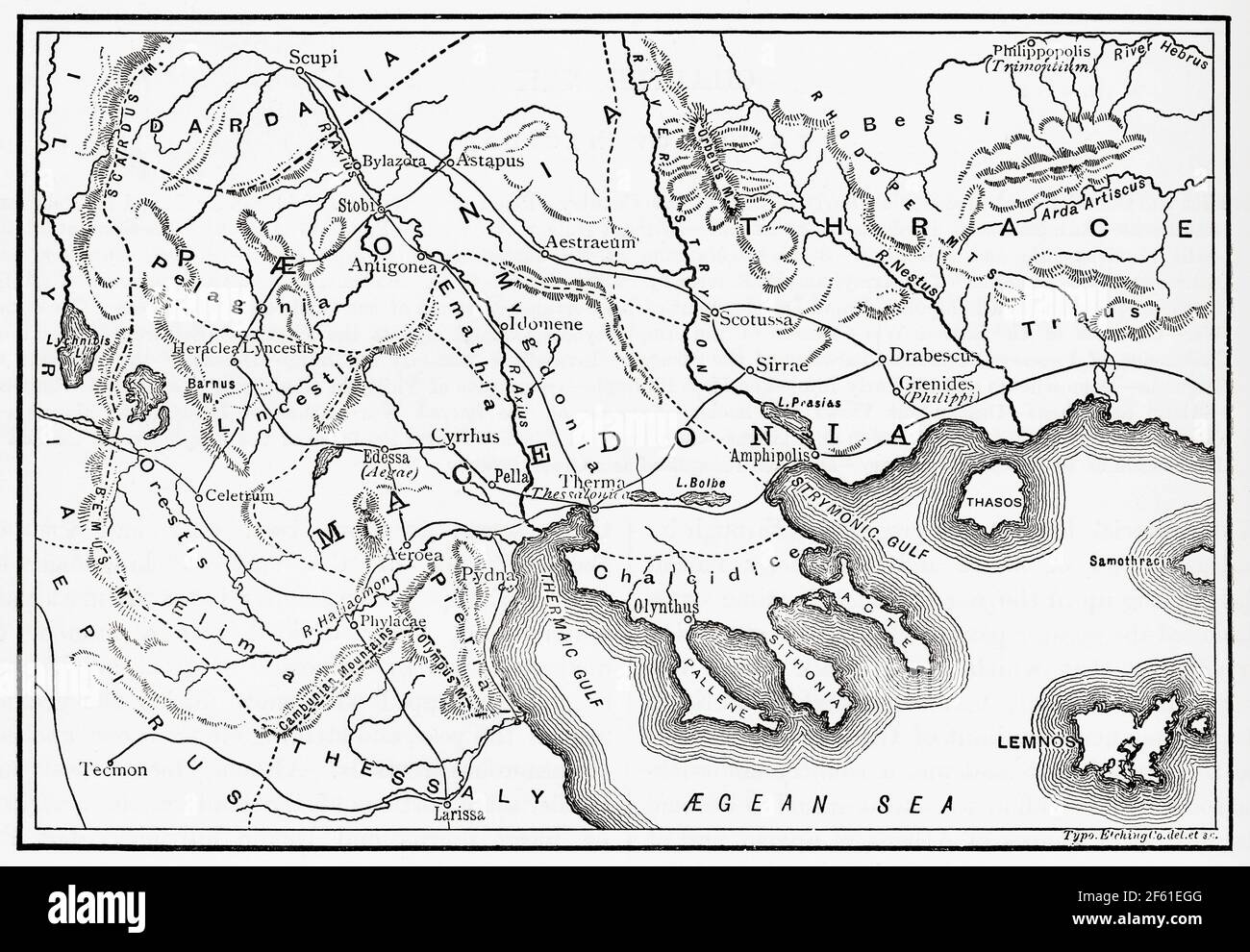 Mappa della Macedonia e dei distretti adiacenti. Dalla storia universale di Cassell, pubblicata nel 1888. Foto Stock