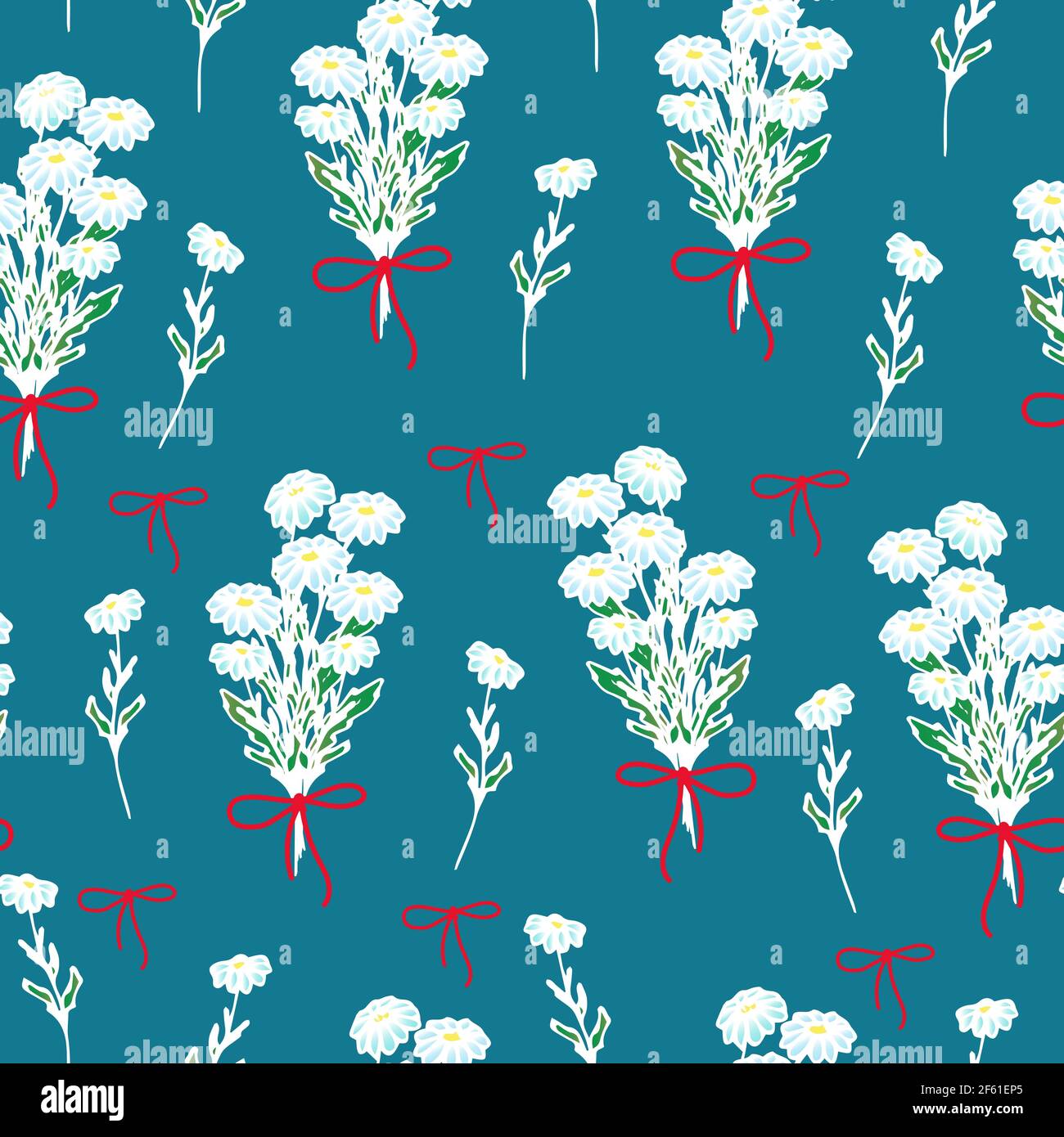 margherite su sfondo colorato, margherite selvatiche legate con un nastro rosso, fiori primaverili, stampa vettoriale estiva nello stile di un doodle. Illustrazione Vettoriale