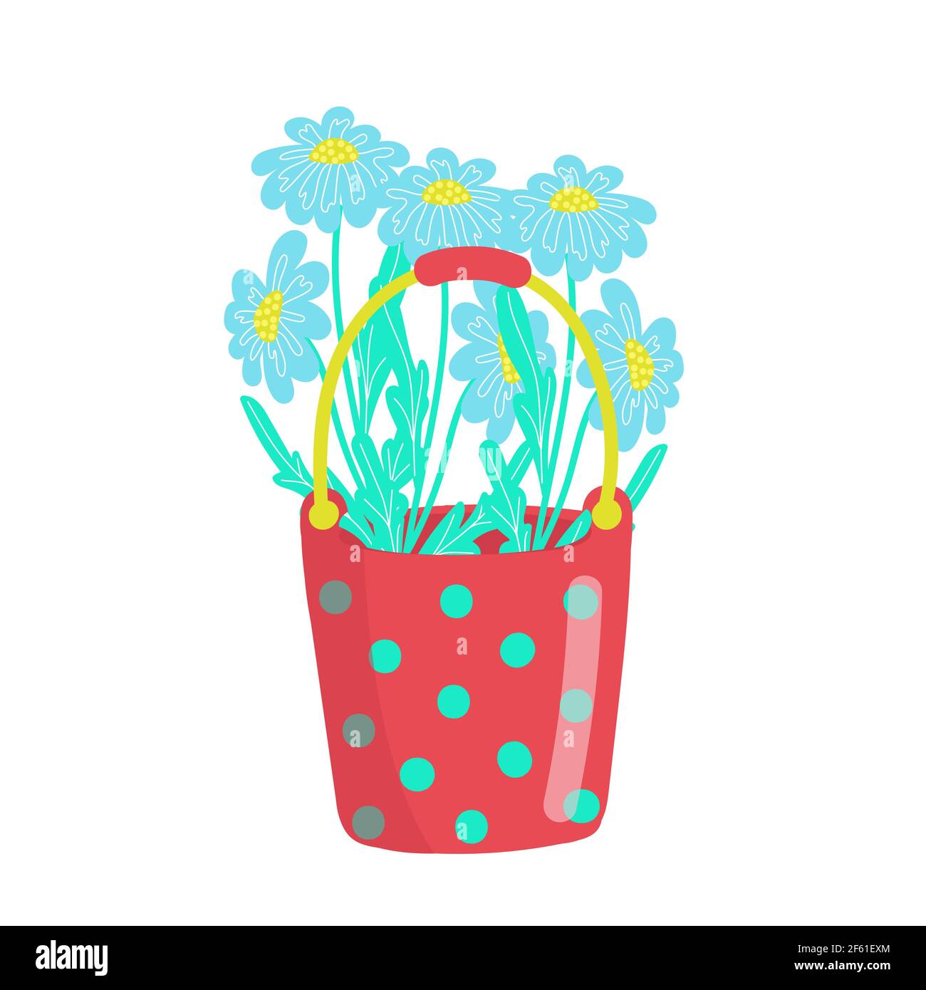 Secchio rosso chiaro di pallini di polka pieno di margherite, bouquet di margherite, fiori di primavera, illustrazione vettoriale in stile cartoon, piatto. Illustrazione Vettoriale