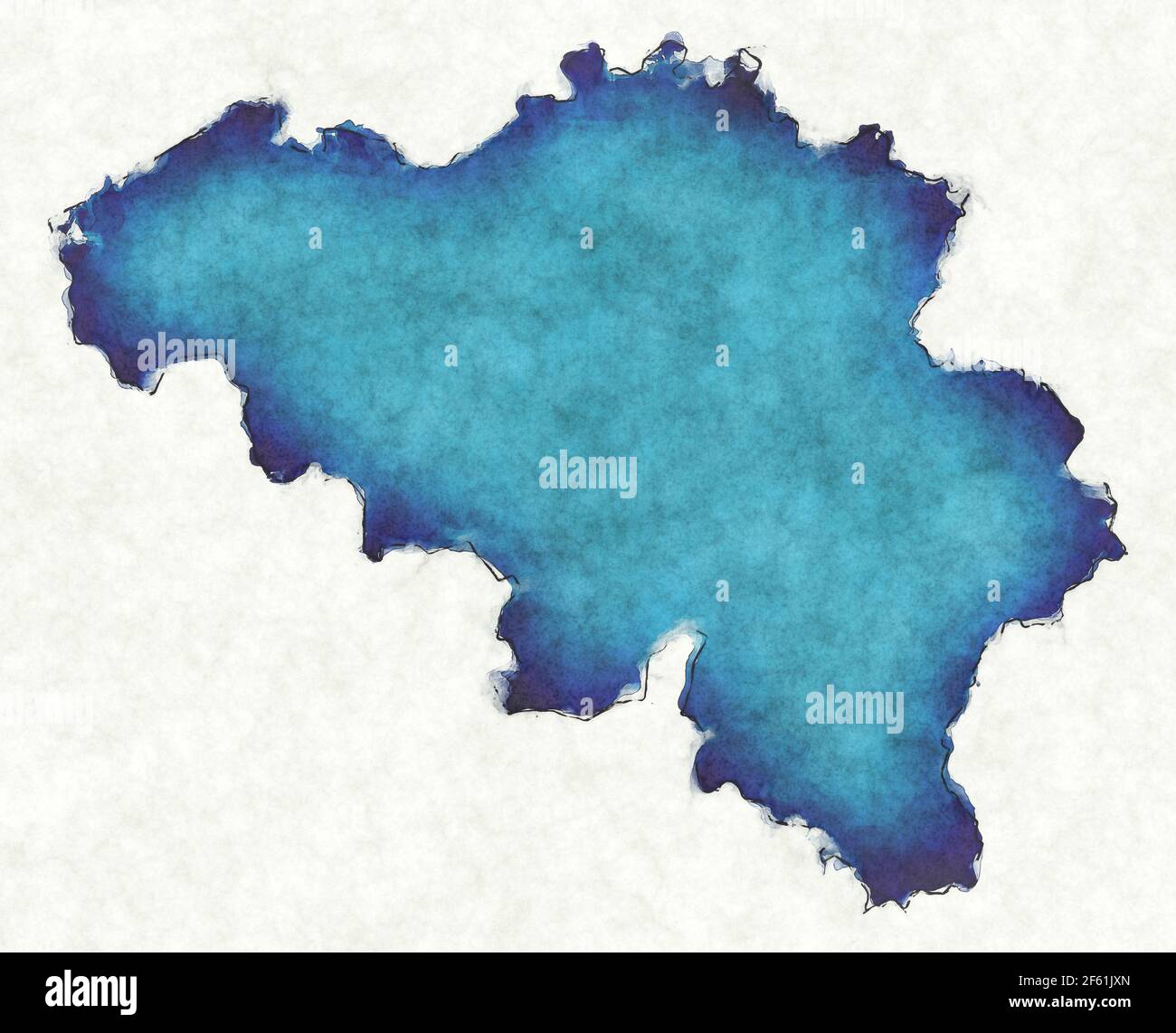 Mappa del Belgio con linee tracciate e illustrazione blu dell'acquerello Foto Stock