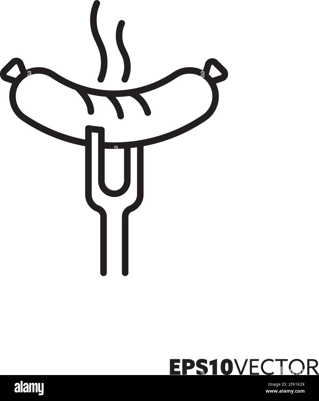 Icona della salsiccia alla griglia sulla linea della forchetta. Simbolo del contorno del barbecue e della cottura alla griglia. Illustrazione del vettore degli alimenti caldi. Illustrazione Vettoriale